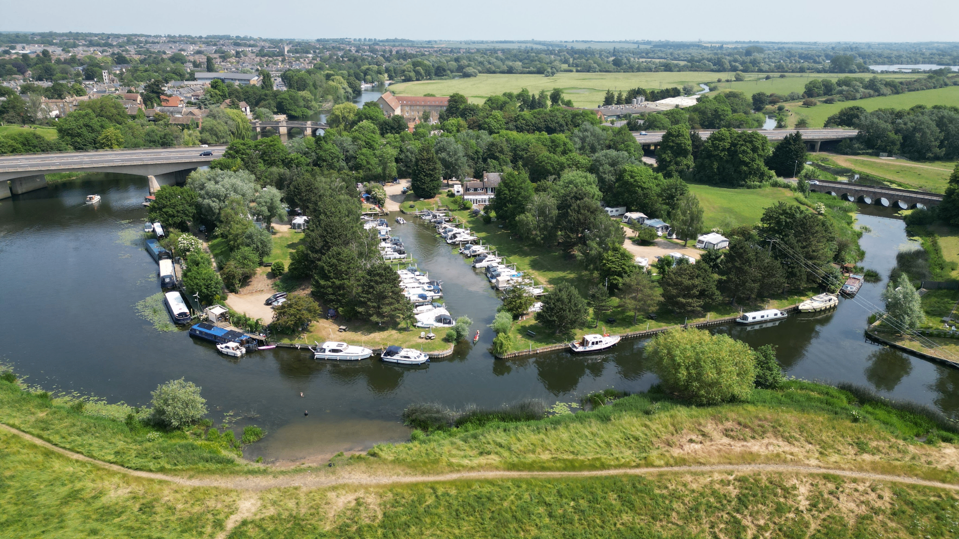 Aerial view of Huntingdon Boathaven marina and River Great Ouse